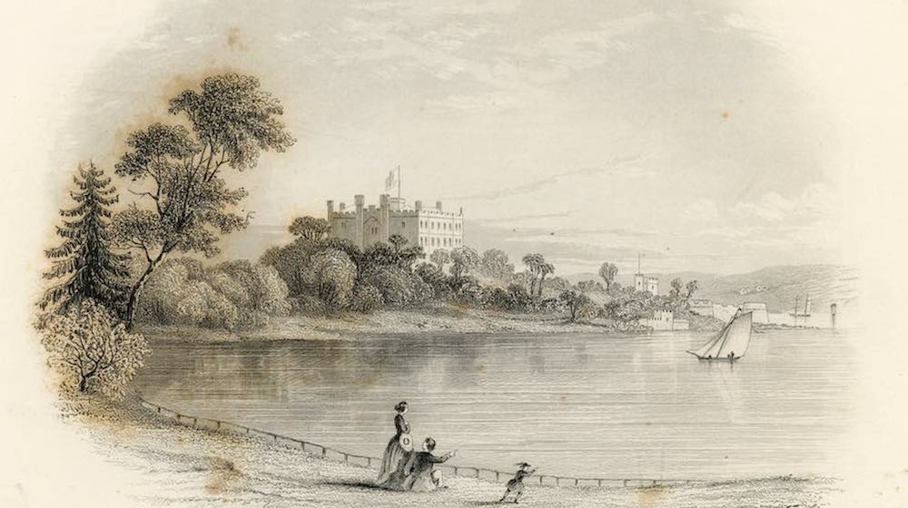 Illustration of three people on the shore looking over the water with a boat and Government House in the distance