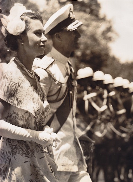 Sepia photograph of Queen Elizabeth II, the 27-year-old Queen, and her husband, Prince Philip