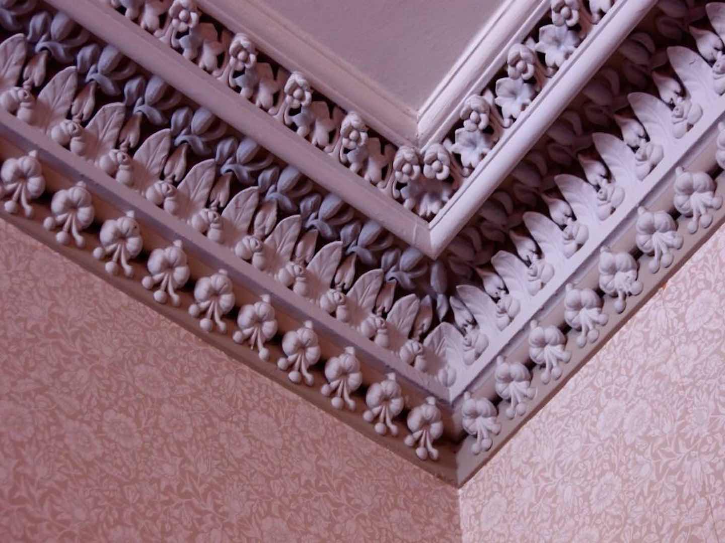 Interior plaster cornices of History House. The cornices feature a floral design.