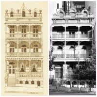 Pencil sketch of History House alongside a black and white photograph of History House.