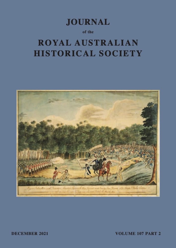 A painting of a historical battle scene which is printed into the blue cover of the RAHS journal
