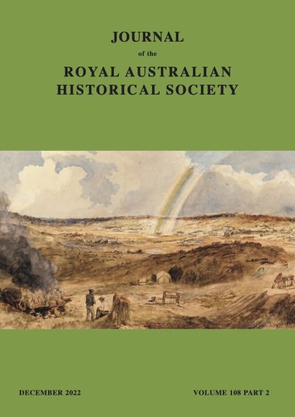 A painting of farmers in a field with a rainbow in the sky which is printed into the green cover of the RAHS journal