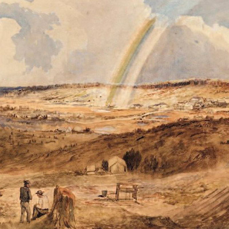 A painting of farmers in a field with a rainbow in the sky