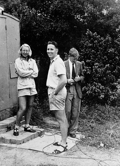 A black and white photograph taken in 1948 of Ruby at work with Alec Little and Chris Christiansen at Potts Hill Reservoir.