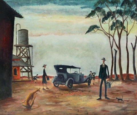 Russell Drysdale’s 1941 painting depicting a man and woman and a car with buildings and a cat in the foreground and gum trees in the distance