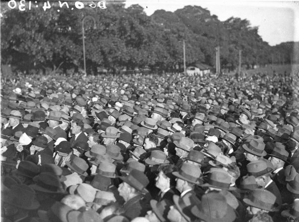 Men rally in the Domain against Rail, Tram and Public service wage cut on the 17th June 1934.