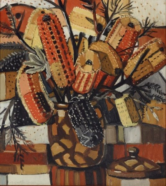 Artist Margaret Preston painting “The Brown Pot” 1940 contains no delicate bouquet of blushing blooms; these are Banksias, the tough native flowers that survive and thieve along the wooded coastal fringes of Australia’s eastern coastline.