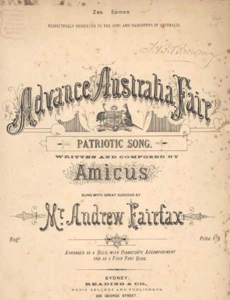 2nd edition cover of the music score “Advance Australia Fair” written by Peter Dodds McCormick 1878.