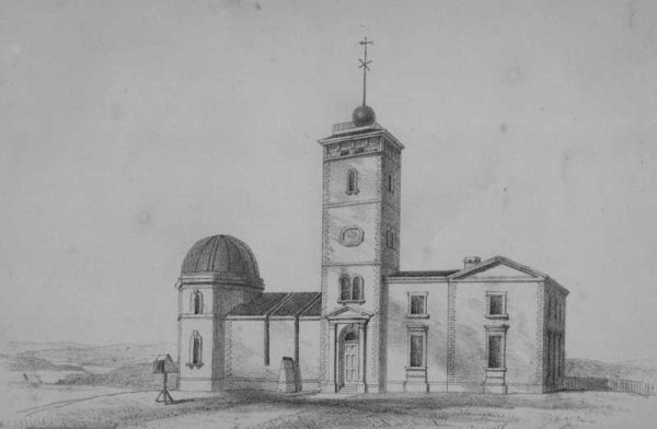 Black and white drawing of Sydney Observatory, sketched in 1858.
