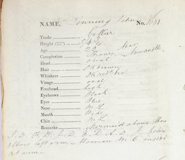 Figure 1 - John Dinnings entry from the Indents for male convicts on the Norforlk 1835 showing personal detail such as Hair colour, eye colour, high and type of Tattoo and where located on the body.