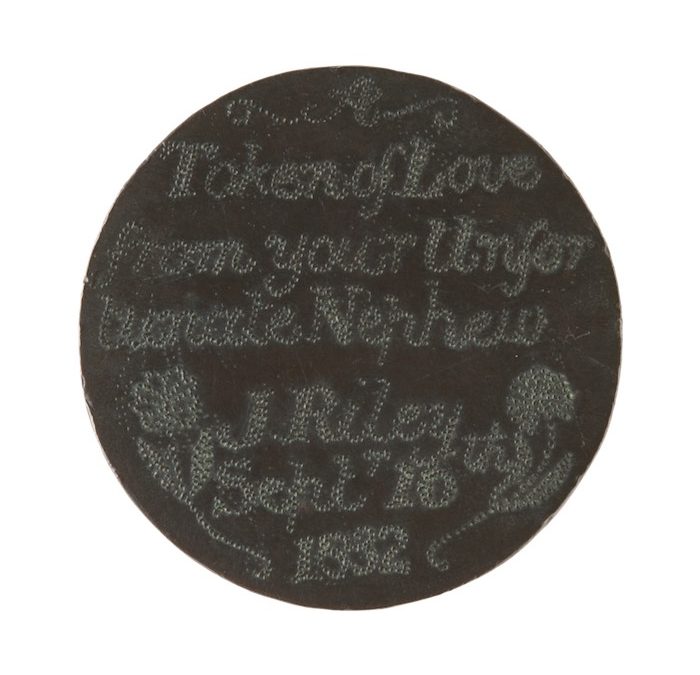 Example of a “Love Token” a commonly used coin included pennies, halfpennies, twopence and sixpence back in the 1788. These coins were smoothed down and a message often accompanied by an image, either through engraving or stippling – markings made using tiny pin prinks. Then given to a loved one before being transported to Australian from England.