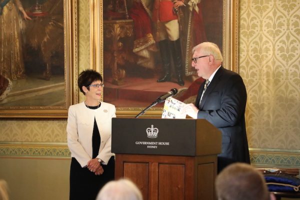 Mr Denis (consort to Her Excellency the Honourable Margaret Beazley AC QC, Governor of NSW) alongside Mrs Linda Hurley (consort to His Excellency General the Honourable David Hurley AC DSC (Retd) Governor General of the Commonwealth of Australia as they both officially launch the book at Government House, Sydney on Wednesday 23 February 2022.