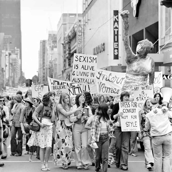 Many protesters at the first International Women’s Day Rally in Melbourne 8 March 1975 and another of protesters from the Melbourne March for Justice 15 March 2021.