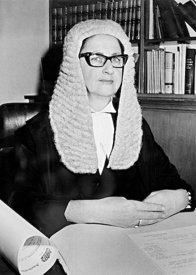 Photograph of Roma Mitchell wearing the robes and full bottomed wig of a Justice of the Supreme Court of South Australia in 1965.