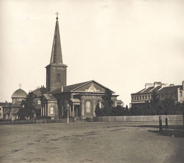 A black and white photograph of St James’ Church, King Street, Sydney in 1894.