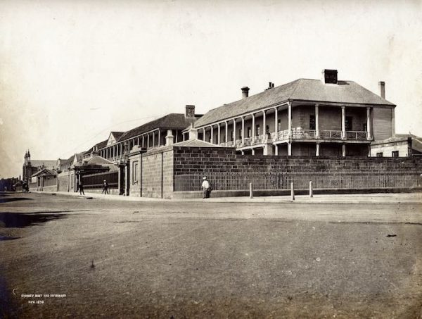 Three buildings grouped together in Macquarie Street, Sydney housing the Hospital, Dispensary and the new Royal Mint 1855.