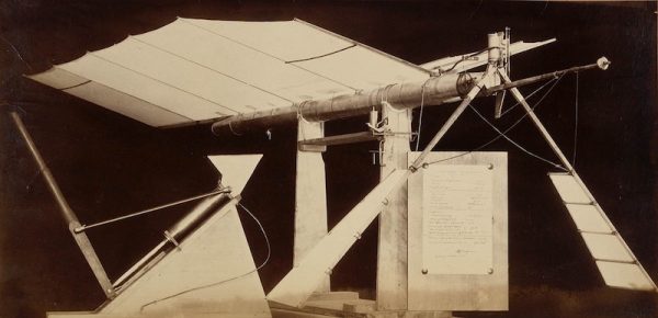 Black and white picture of a model of one of Lawrence Hargraves late 19th Century Flying Machines.