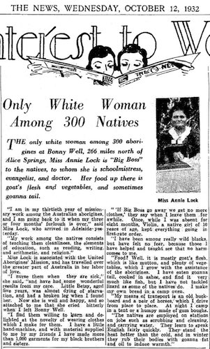 Newspaper article from a newspaper called The News, Wednesday, October 12, 1932. about Annie Lock “Only White Woman Among 300 Natives”