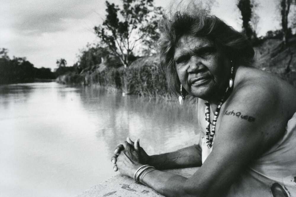 A black adn white photograph of Essie Coffey at Brewarrina in 1991.