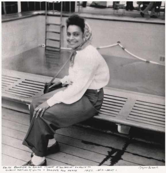 Photograph of Faith Bandler on her way to Berlin in 1951. On her maiden voyage of Australia enroute to Berlin for the festival of Youth and Student t for Peace.