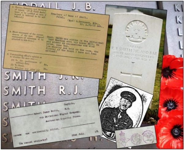 A collage of Tomerong Anzac Captain Smith's commemoration, including photograph of grave and official death notices