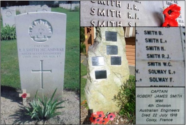 A collage of Tomerong Anzac Captain Smith's commemoration, including photographs of his various memorial sites