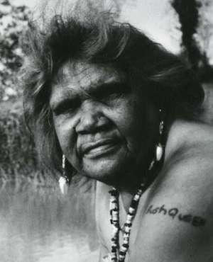 A black adn white photograph of Essie Coffey at Brewarrina in 1991.