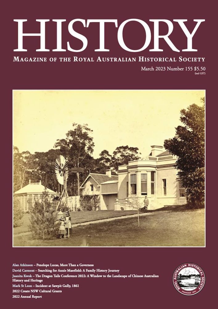 History magazine number 155 March 2023 is a burgundy cover of a magazine featuring an image of a building surrounded by trees in a garden with a few people in it.