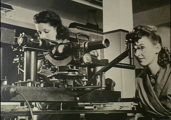 Two women in a lab examine a specimen using a microsope.