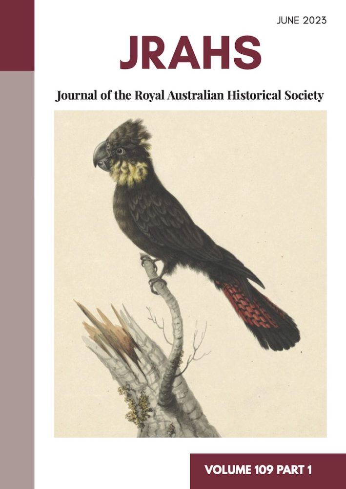 A watercolour painting of a Banksian cockatoo which is printed onto the white cover of the RAHS journal