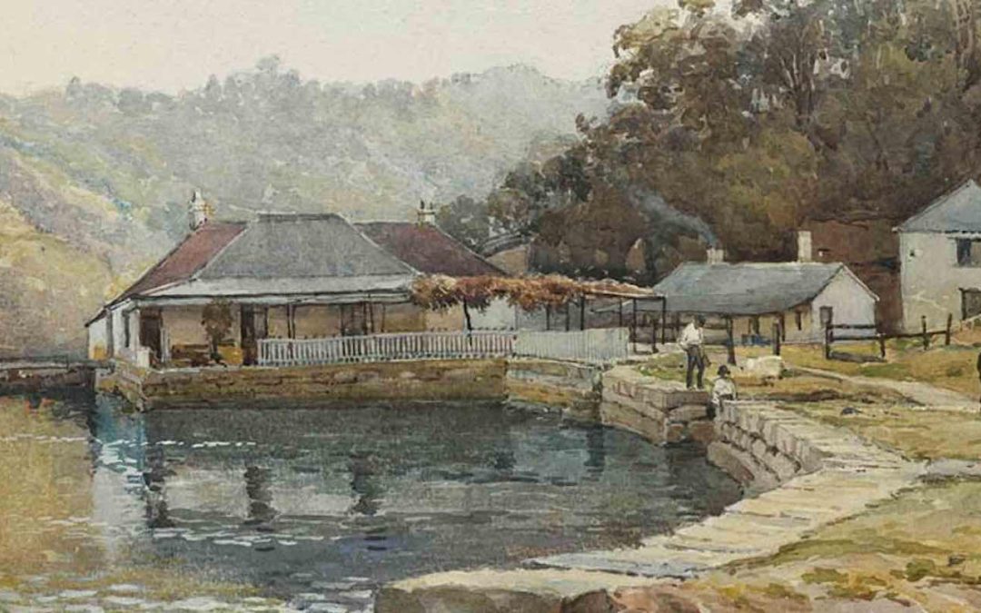 Historical watercolour painting of Mosman Bay by Julian Ashton featuring a house on a lake