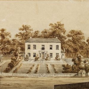A watercolour painting of the Old Government House in Parramatta that includes the estate's gardens.