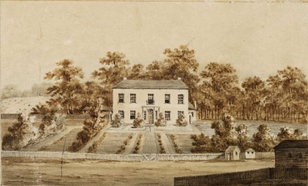 A watercolour painting of the Old Government House in Parramatta that includes the estate's gardens.