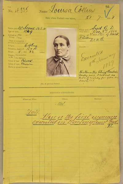 Louisa Collins prison record. Her prison record includes a photo of Louisa and notes she was executed on 8 January 1889.
