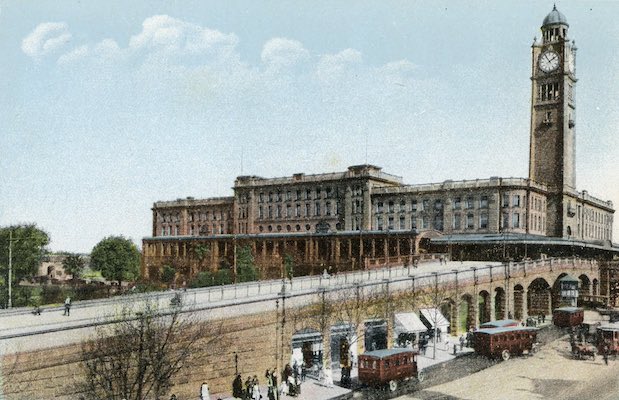 A postcard of Central Railway Station in Sydney on a perfect blue sky day.