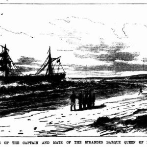 People stand on a beach watching a vessel that is wrecked in the surf. Text below the image reads: 'Rescue of the captain and mate of the stranded barque Queen of Nations'.
