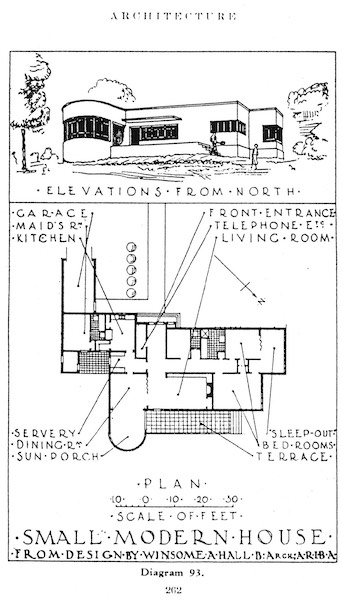 An architectural plan of a small modern house by Winsome Hall.
