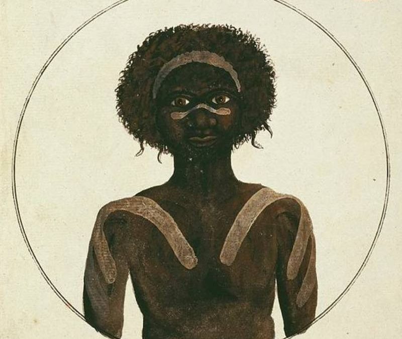 A watercolour of Wangal man Bennelong wearing white ochre.