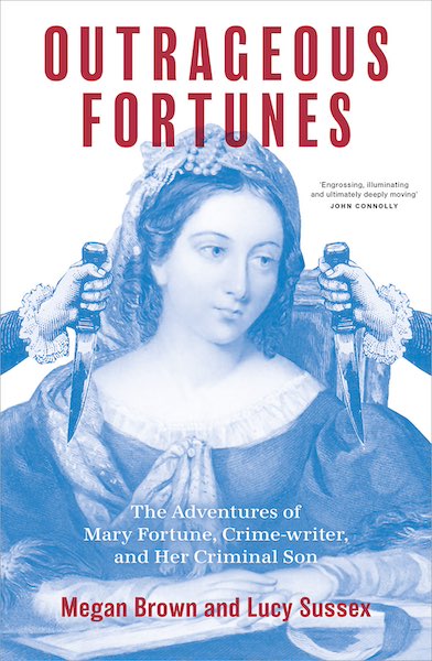 Book cover for Outrageous Fortunes showing a Victorian woman having daggers thrust towards her.