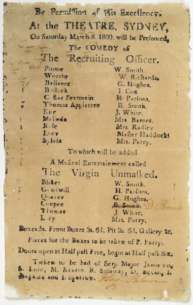 Playbill for 'The Recruiting Officer' and 'The Virgin Unmasked' performed at the Sydney Theatre in 1800