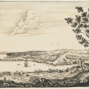 A sketch of Sydney Cove from 1790. The land has been cleared for a smattering of houses. A ship is moored in the harbour.