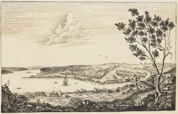 A sketch of Sydney Cove from 1790. The land has been cleared for a smattering of houses. A ship is moored in the harbour.