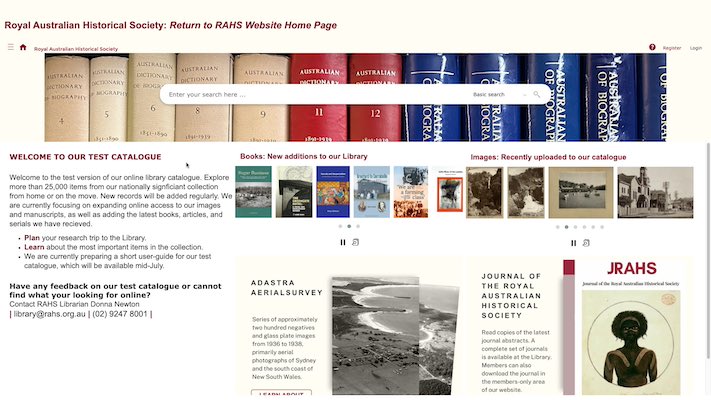 A screenshot of the online library catalogue showing the search bar, new books and photographs.