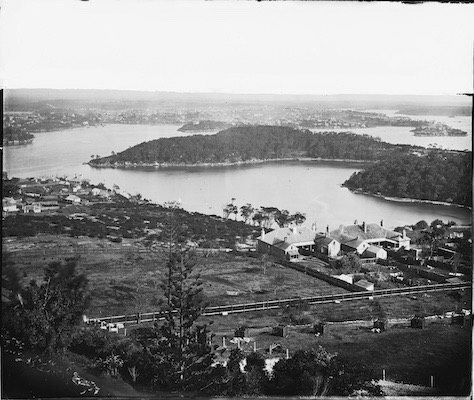 A panorama of Sydney Harbour showing Balls Head Reserve around 1870 to 1875.