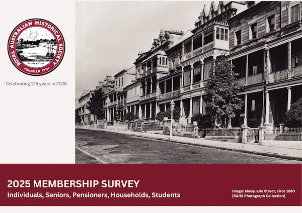 Cover to the RAHS Membership Survey Results featuring a photograph of Macquarie Street circa 1880.