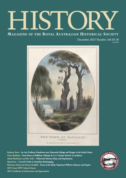 History magazine, number 166, December 2025, featuring a picture of Napoleon's tomb on St Helena. The tomb sits amongst a weeping willow.
