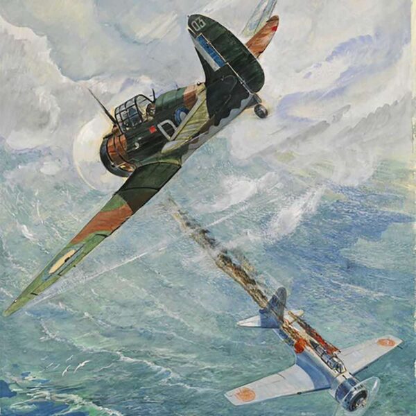 A watercolour painting depicting a Wirraway aircraft shooting down a Zeke fighter aircraft over the ocean.