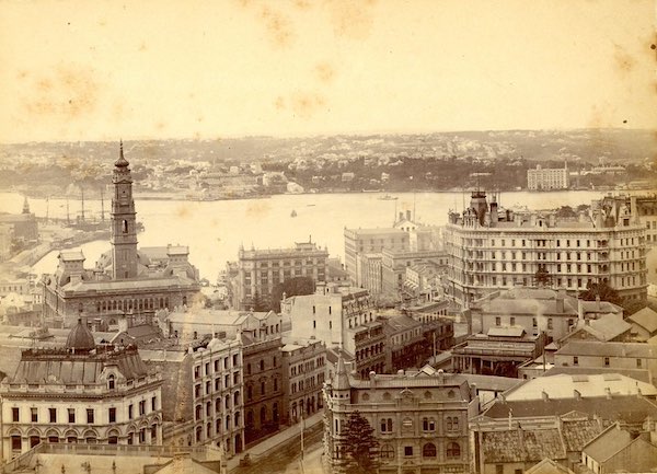 A sepia photograph showing Sydney from the north.