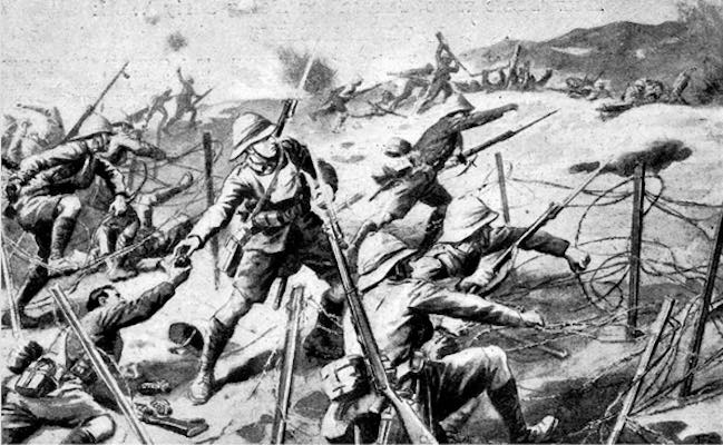 A drawing of the Battle of Beersheba showing me advancing up a hill.