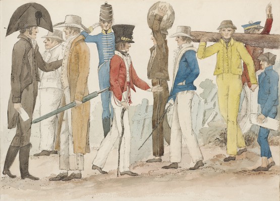 A watercolour painting depicting men of various rank in Sydney, c. 1817.